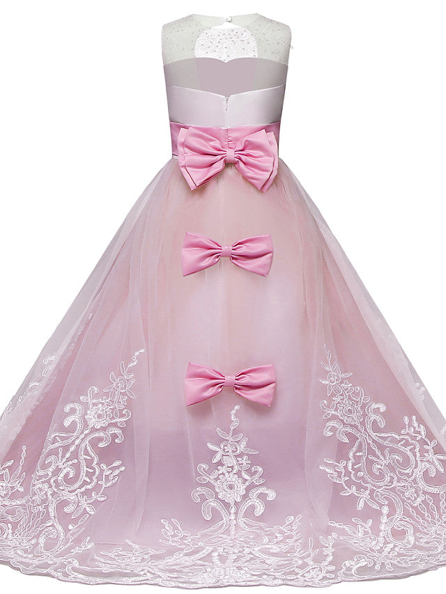 Lace Tulle Princess Maxi Flower Girl Dress with Jewel Neck and Bow Paillette-BallBride