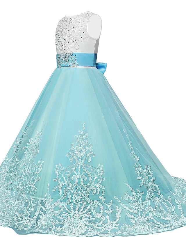 Lace Tulle Princess Maxi Flower Girl Dress with Jewel Neck and Bow Paillette-BallBride