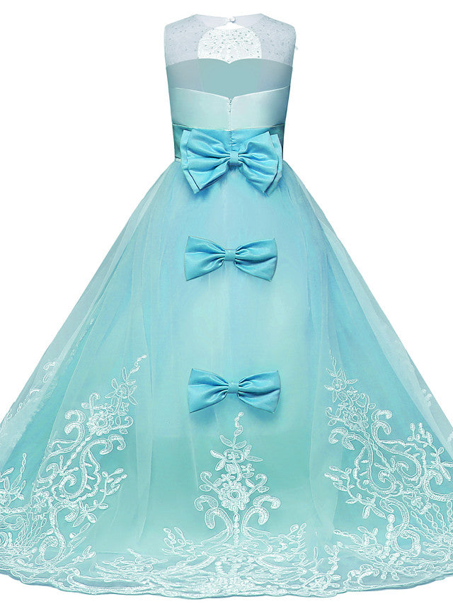 Lace Tulle Princess Maxi Flower Girl Dress with Jewel Neck and Bow Paillette-BallBride