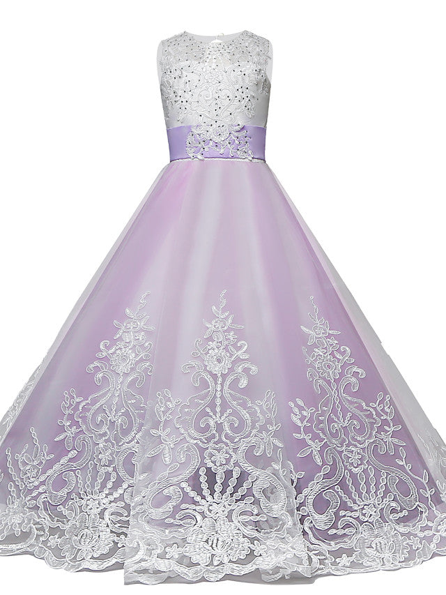 Lace Tulle Princess Maxi Flower Girl Dress with Jewel Neck and Bow Paillette-BallBride