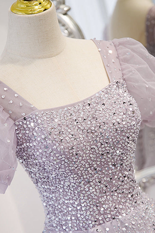 Lace-Up Prom Dress with Beadings and Short Sleeves - Square Online-BallBride