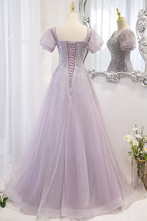 Lace-Up Prom Dress with Beadings and Short Sleeves - Square Online-BallBride