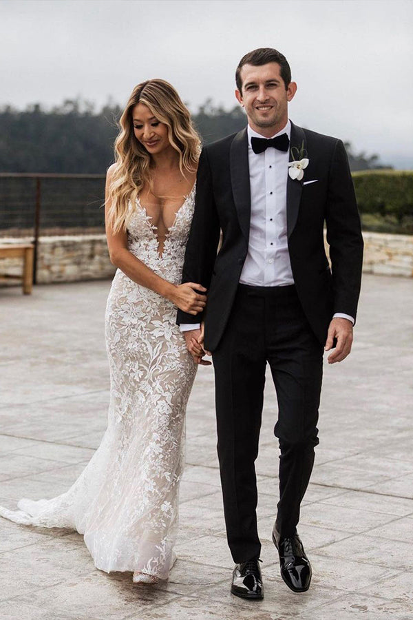 Lace V-Neck Mermaid Wedding Dress with Spaghetti Straps and Jewels-BallBride