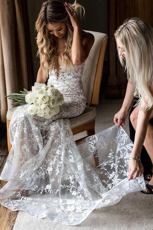 Lace V-Neck Mermaid Wedding Dress with Spaghetti Straps and Jewels-BallBride