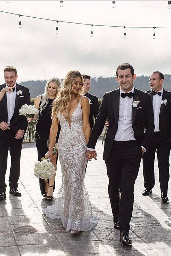 Lace V-Neck Mermaid Wedding Dress with Spaghetti Straps and Jewels-BallBride