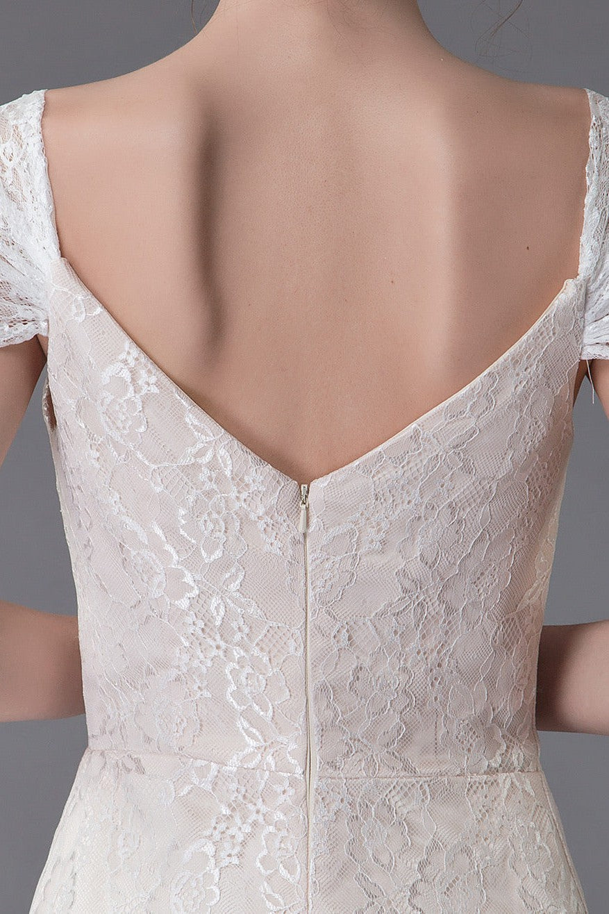 Lace Wedding Dress Vanilla Cream Sweetheart Short Sleeve Bridal Dress Mermaid Bridal Gown With Train Exclusive-BallBride