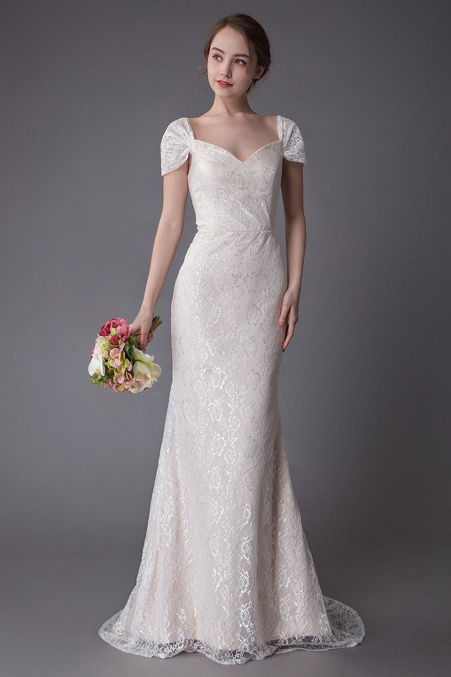 Lace Wedding Dress Vanilla Cream Sweetheart Short Sleeve Bridal Dress Mermaid Bridal Gown With Train Exclusive-BallBride