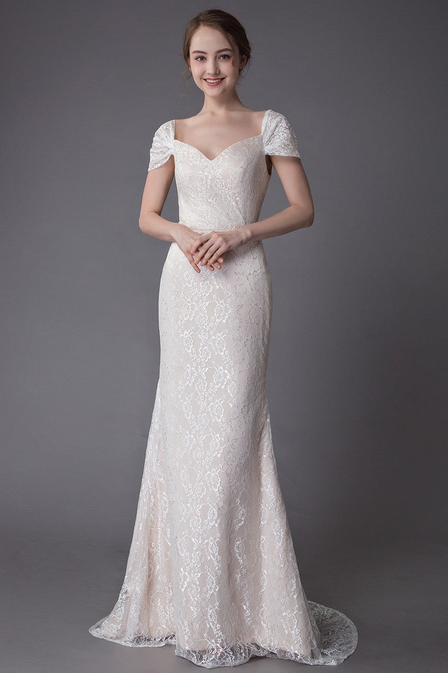 Lace Wedding Dress Vanilla Cream Sweetheart Short Sleeve Bridal Dress Mermaid Bridal Gown With Train Exclusive-BallBride