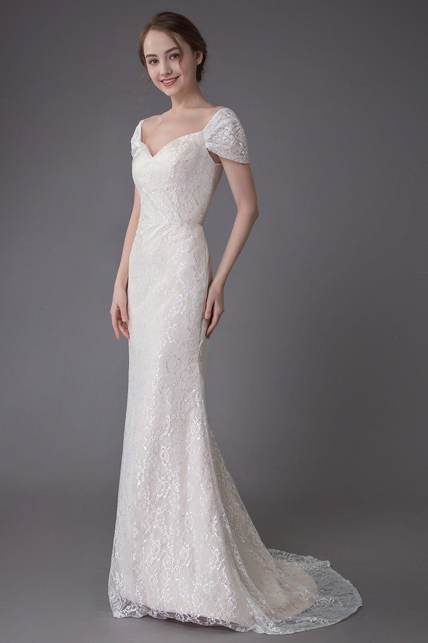 Lace Wedding Dress Vanilla Cream Sweetheart Short Sleeve Bridal Dress Mermaid Bridal Gown With Train Exclusive-BallBride