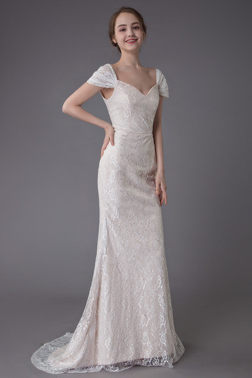 Lace Wedding Dress Vanilla Cream Sweetheart Short Sleeve Bridal Dress Mermaid Bridal Gown With Train Exclusive-BallBride