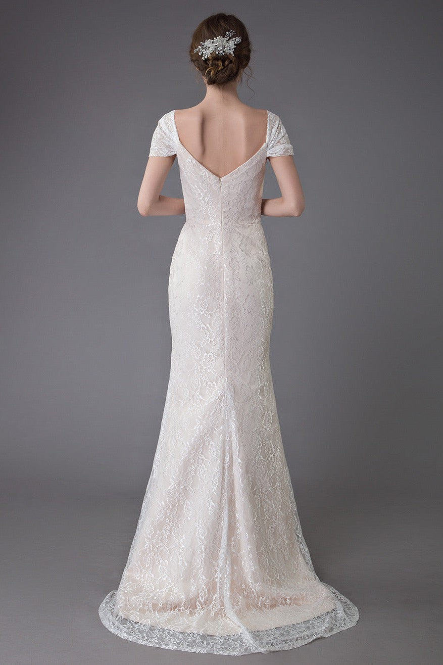 Lace Wedding Dress Vanilla Cream Sweetheart Short Sleeve Bridal Dress Mermaid Bridal Gown With Train Exclusive-BallBride