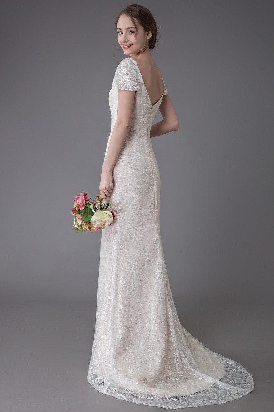 Lace Wedding Dress Vanilla Cream Sweetheart Short Sleeve Bridal Dress Mermaid Bridal Gown With Train Exclusive-BallBride