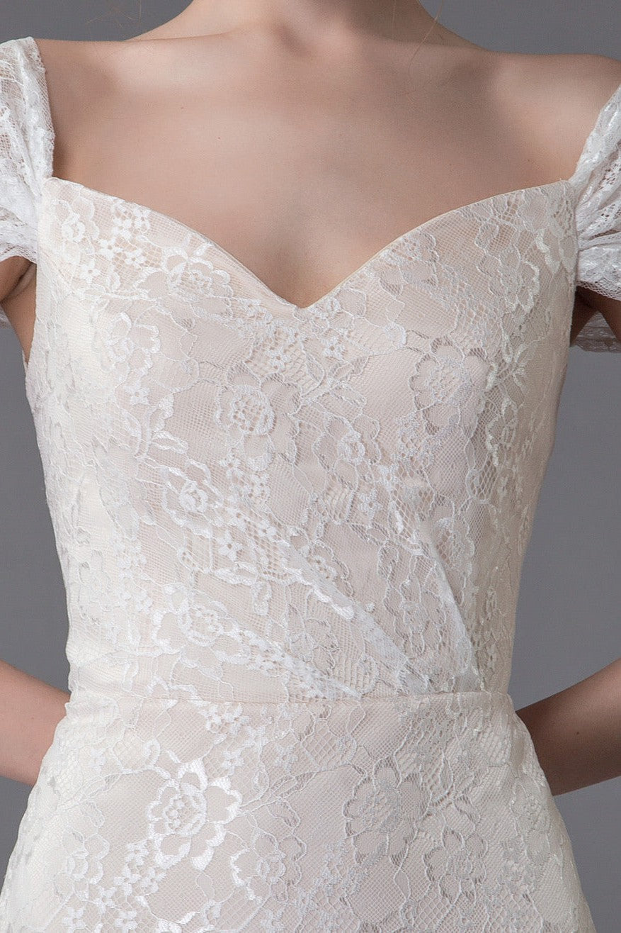 Lace Wedding Dress Vanilla Cream Sweetheart Short Sleeve Bridal Dress Mermaid Bridal Gown With Train Exclusive-BallBride