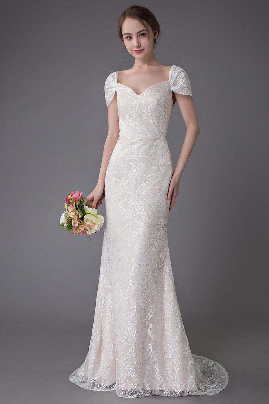 Lace Wedding Dress Vanilla Cream Sweetheart Short Sleeve Bridal Dress Mermaid Bridal Gown With Train Exclusive-BallBride