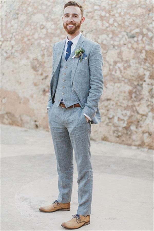 Latest Summer Blue Linen Notched Lapel Wedding Suit-BallBride