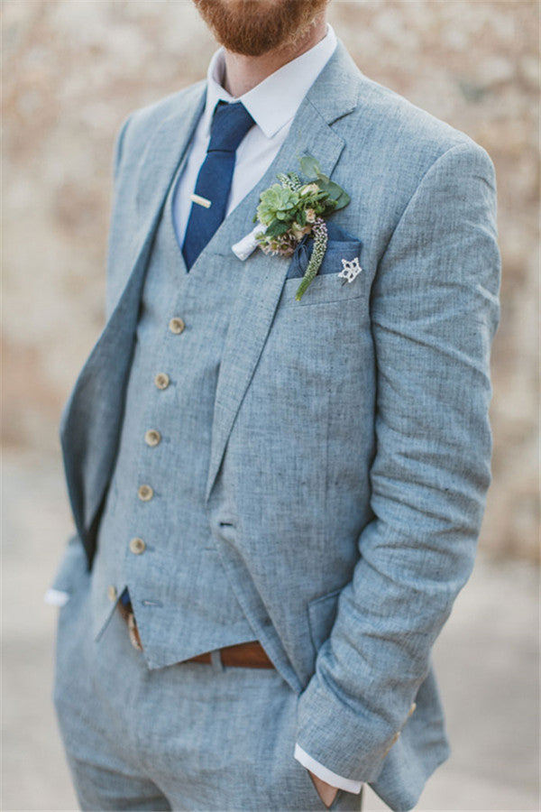 Latest Summer Blue Linen Notched Lapel Wedding Suit-BallBride