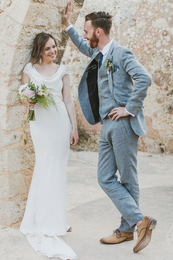 Latest Summer Blue Linen Notched Lapel Wedding Suit-BallBride