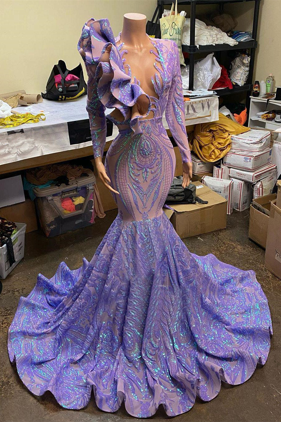 Lavender Long Sleeves Prom Dress | Mermaid Sequins Online-BallBride