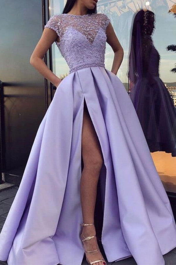 Lavender Prom Dress with Splits and Beadings - Amazing Short Sleeves-BallBride
