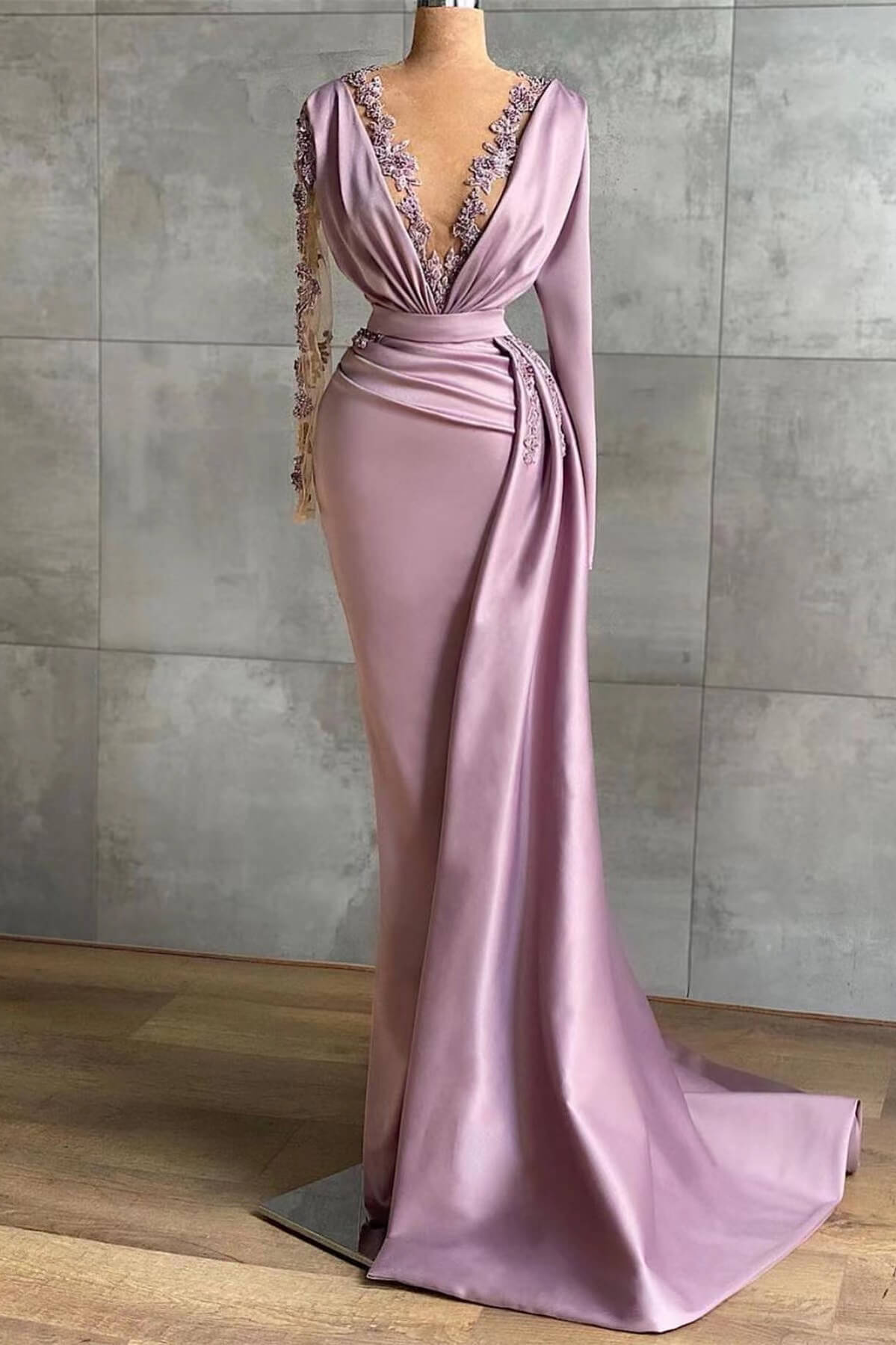 Lavender V Neck Prom Dress With Ruffles and Applique Mermaid Long Sleeves-BallBride