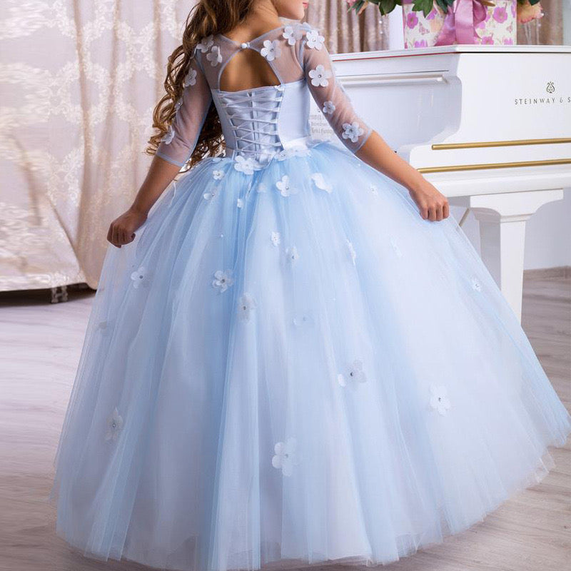 Light Blue Ball Gown Flower Girls Dress with Scoop Neck 3/4 Sleeves-BallBride
