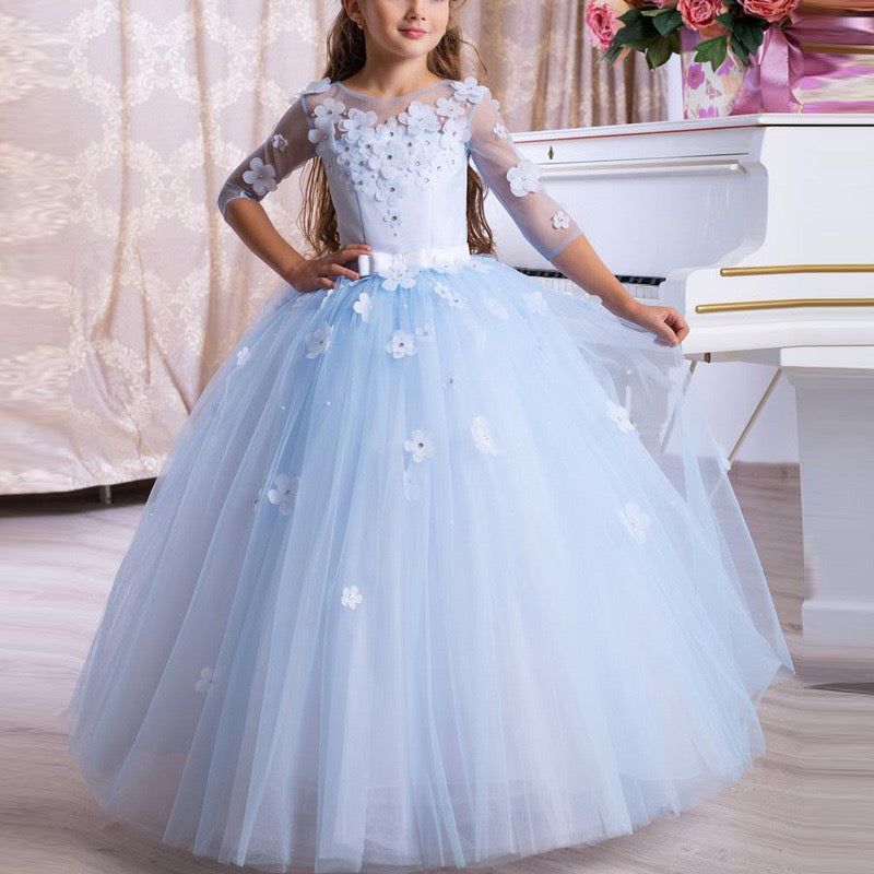 Light Blue Ball Gown Flower Girls Dress with Scoop Neck 3/4 Sleeves-BallBride