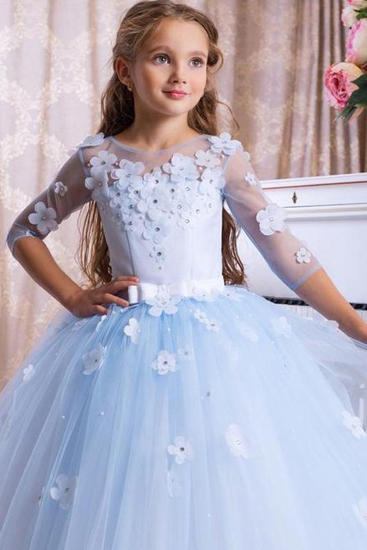 Light Blue Ball Gown Flower Girls Dress with Scoop Neck 3/4 Sleeves-BallBride