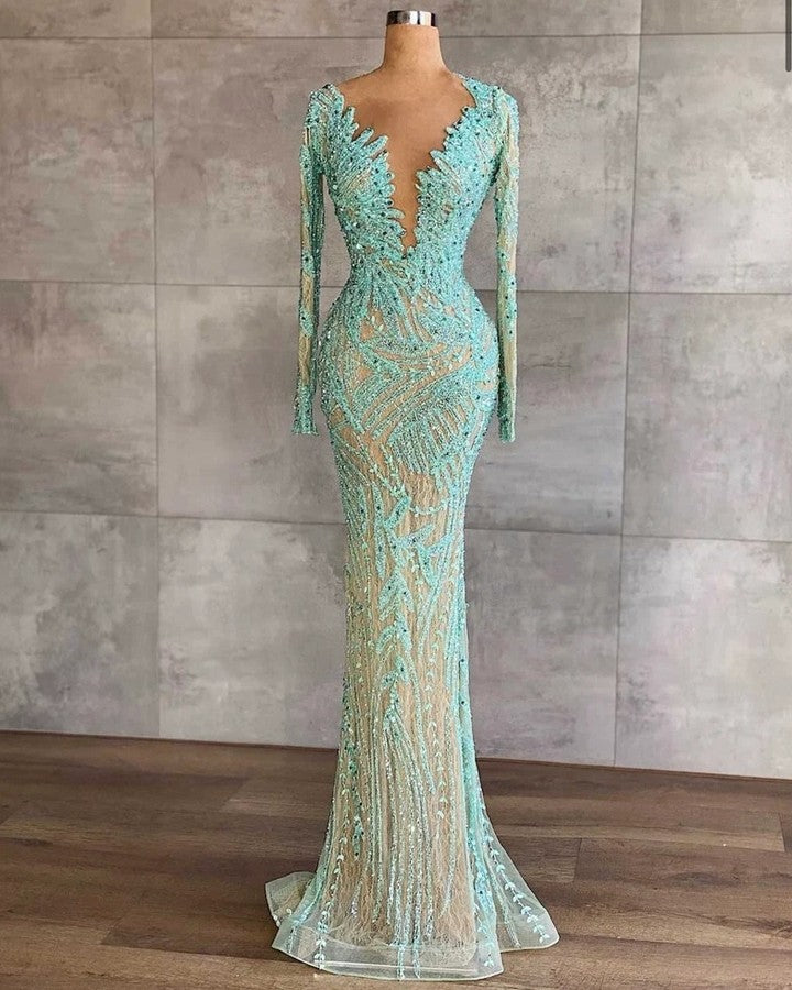 Light Blue Mermaid Beaded Tulle Prom Dress with Sequins and Long Sleeves-BallBride