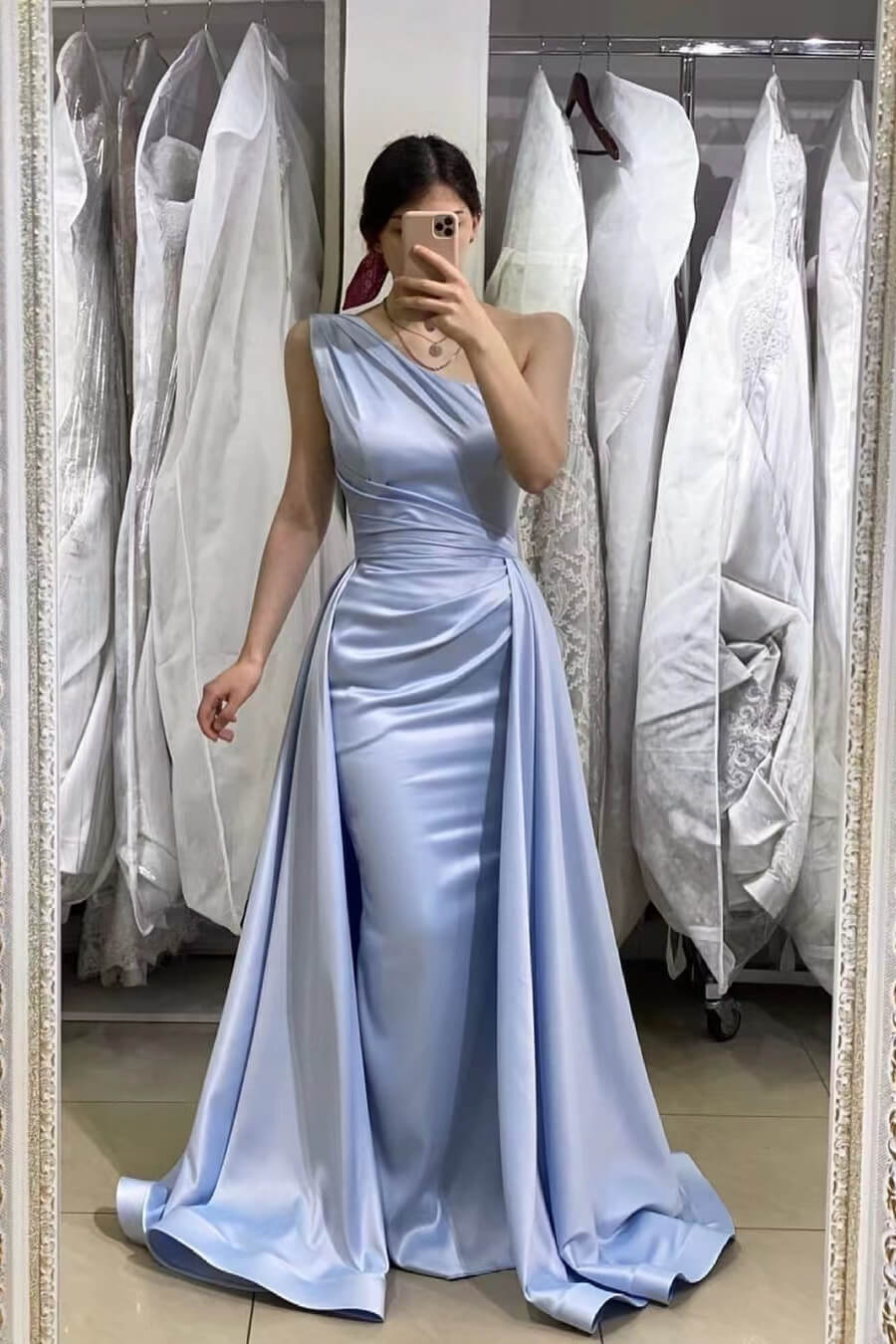 Light Blue Mermaid One-Shoulder Long Prom Dress With Detachable Skirt-BallBride