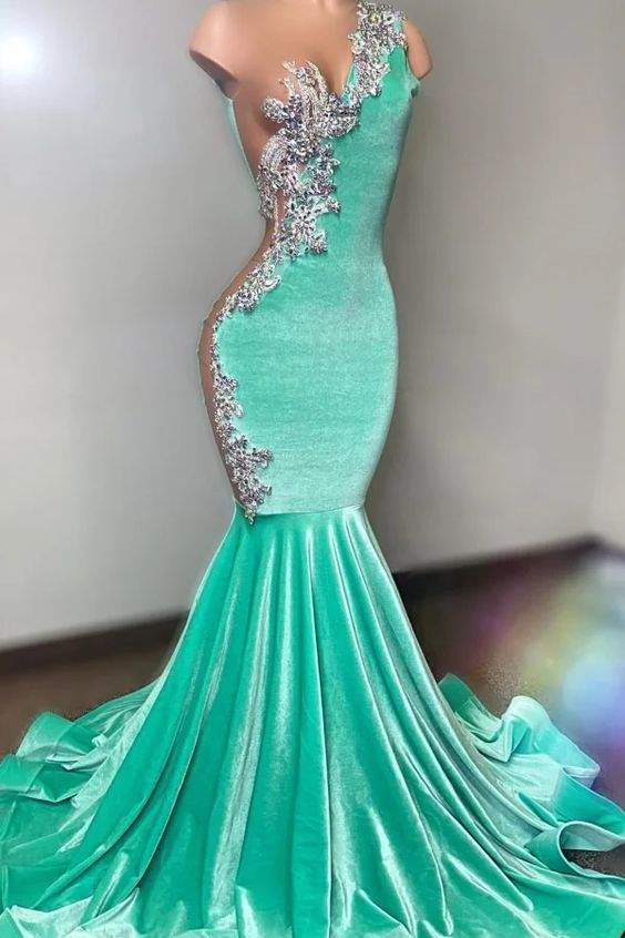 Light Blue One Shoulder Prom Dress with Sliver Appliques and Trumpet-BallBride