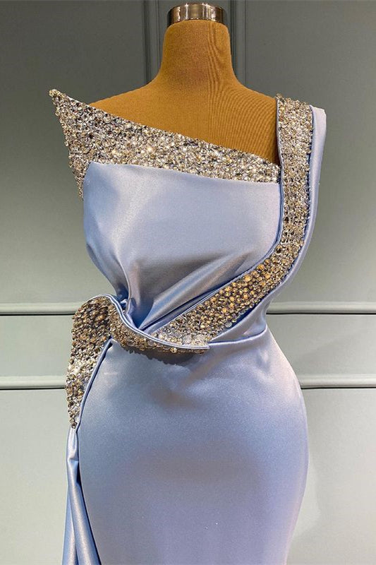 Light Blue One-Shoulder Sleeveless Mermaid Long Beads Prom Dress with Ruffles-BallBride