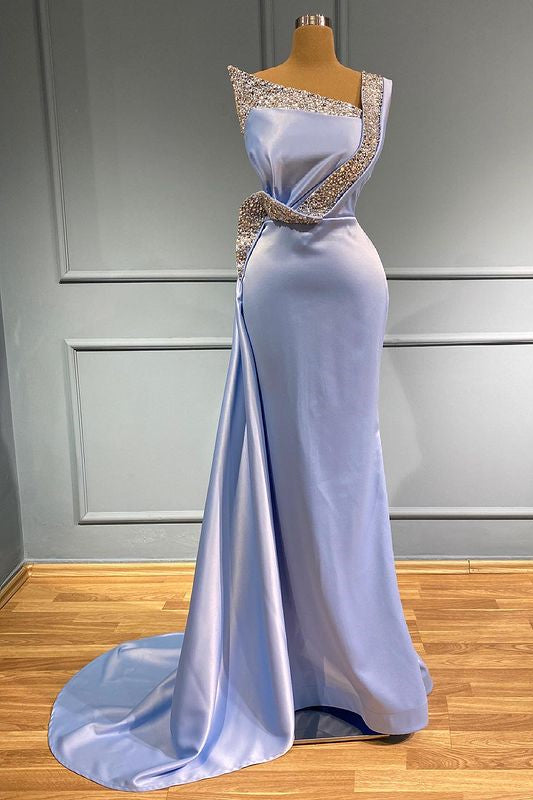 Light Blue One-Shoulder Sleeveless Mermaid Long Beads Prom Dress with Ruffles-BallBride
