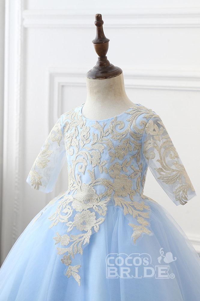 Light Blue Scoop Neck Half Sleeves Ball Gown Flower Girls Dress-BallBride