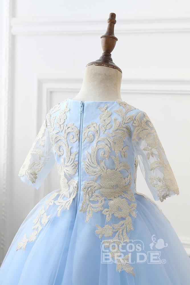Light Blue Scoop Neck Half Sleeves Ball Gown Flower Girls Dress-BallBride