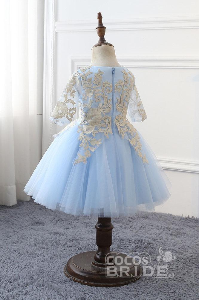 Light Blue Scoop Neck Half Sleeves Ball Gown Flower Girls Dress-BallBride