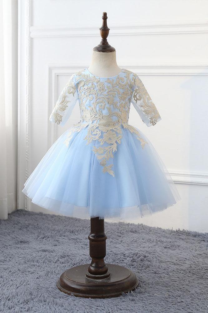 Light Blue Scoop Neck Half Sleeves Ball Gown Flower Girls Dress-BallBride