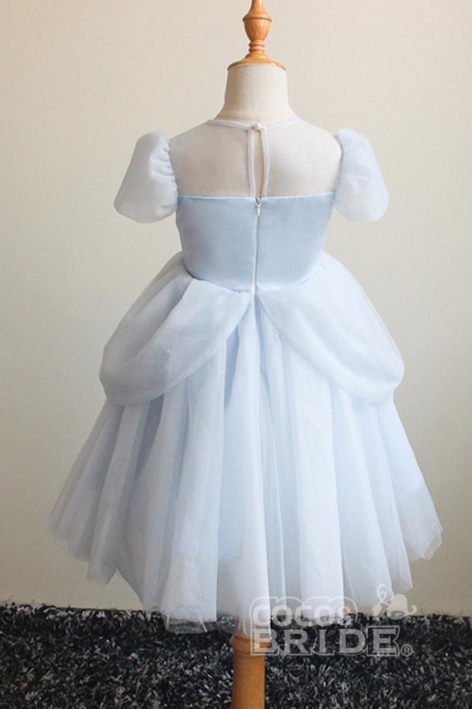 Light Blue Short Sleeves Ball Gown Dress with Scoop Neck-BallBride