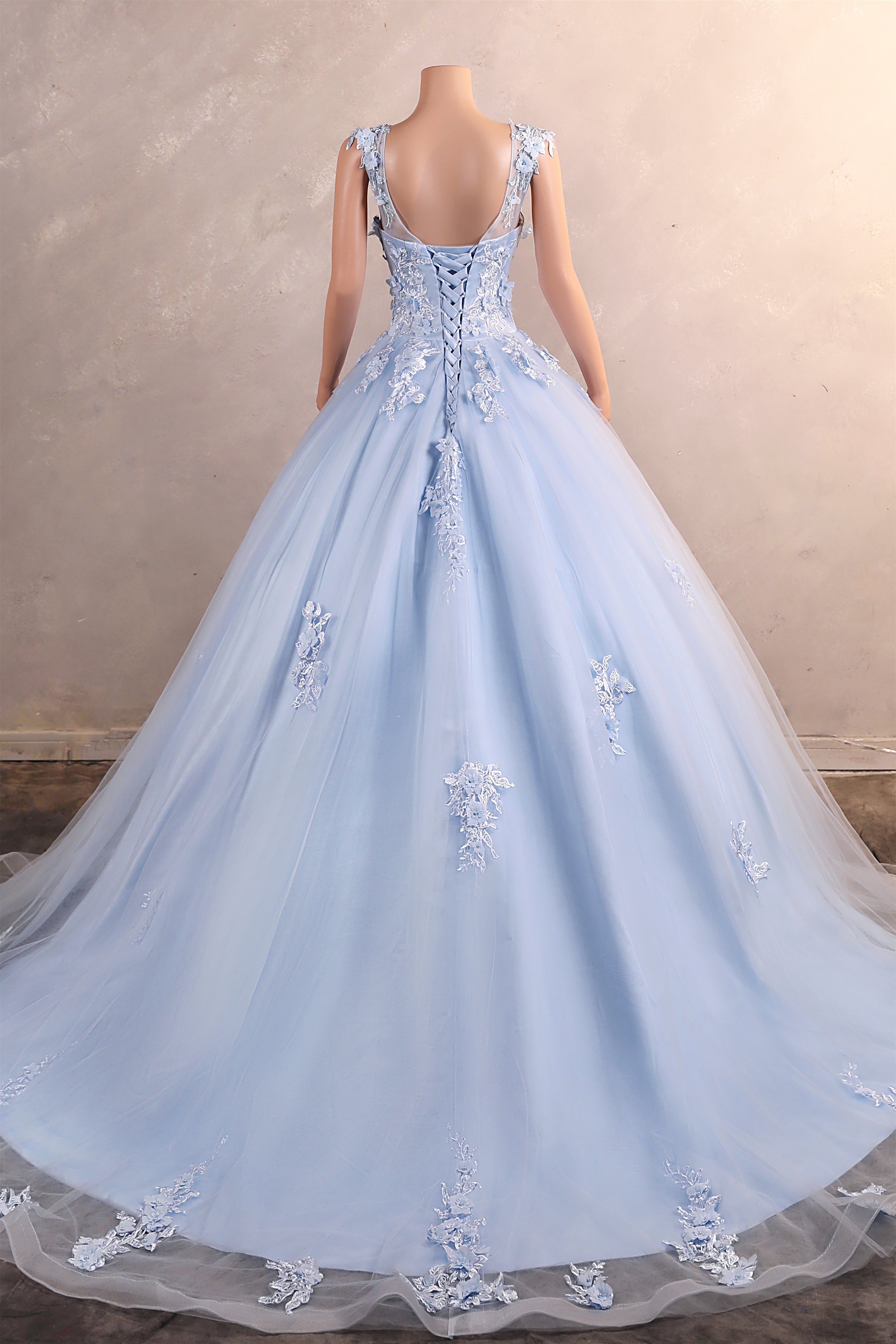 Light Blue Staps Lace Appliques Sleeveless Ball Gown Tulle Prom Dresses-BallBride