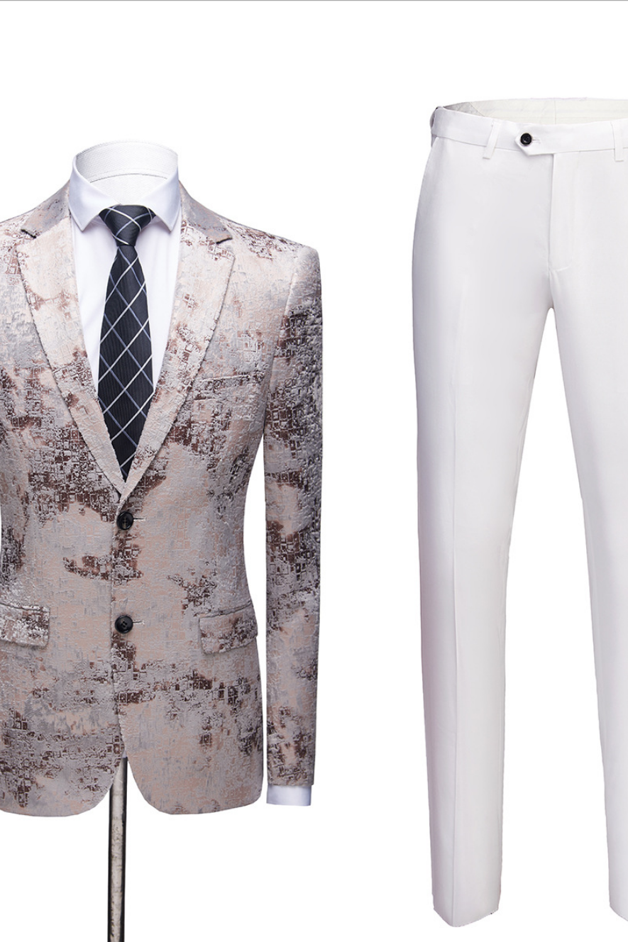 Light Brown Printing Notched Lapel Wedding Tailcoats With White Pants-BallBride