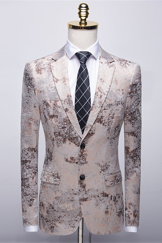 Light Brown Printing Notched Lapel Wedding Tailcoats With White Pants-BallBride