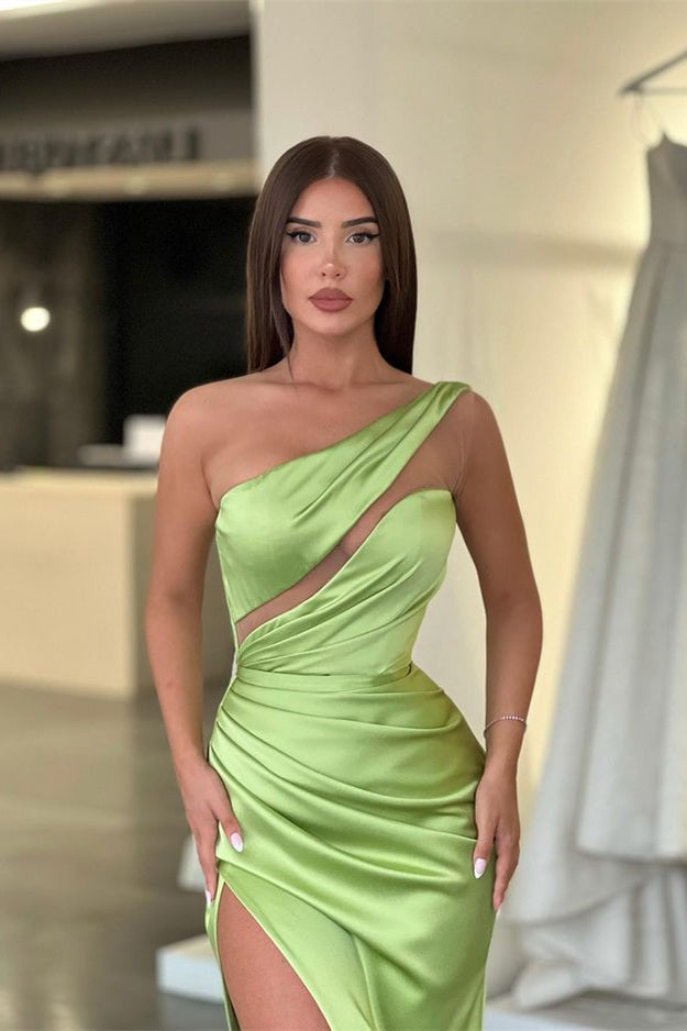 Light Green One-Shoulder Long Sleeveless Slit Evening Dress-BallBride