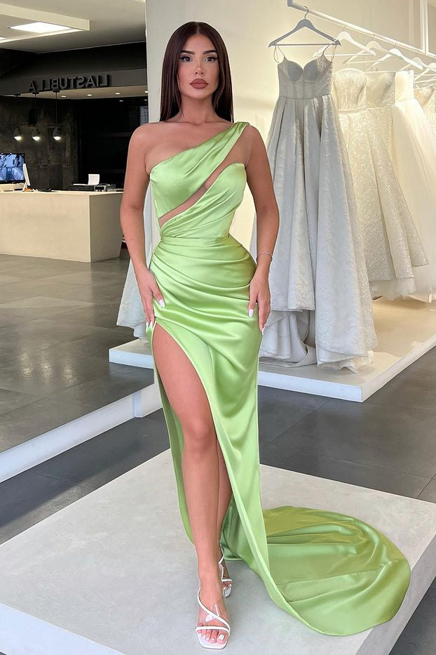 Light Green One-Shoulder Long Sleeveless Slit Evening Dress-BallBride
