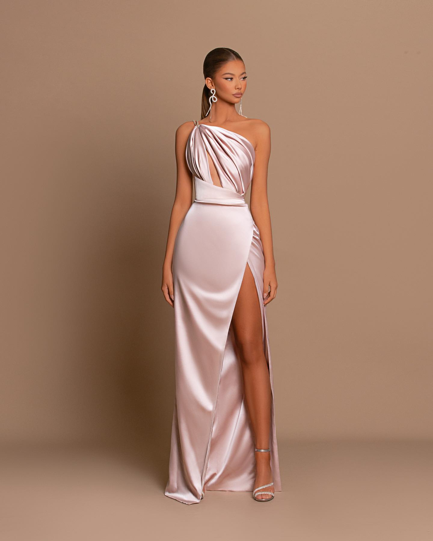 Light Pink One-Shoulder Mermaid Prom Dress With Split For Party-BallBride