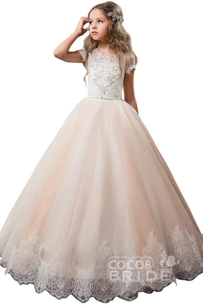 Light Pink Short Sleeve Scoop Neck Ball Gown Flower Girls Dress-BallBride
