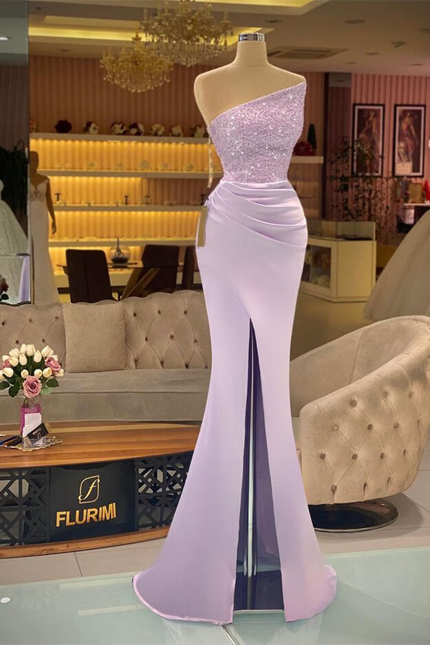 Light Purple Sequined Slit Mermaid Prom Dress-BallBride