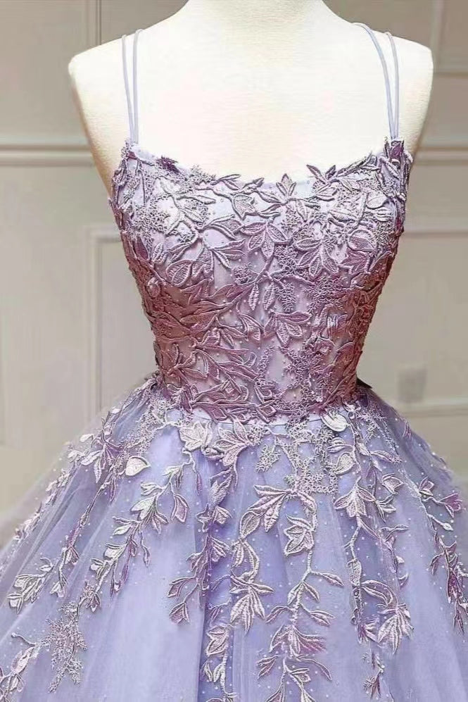 Lilac A-Line Evening Dress with Tulle and Spaghetti-Straps Appliques-BallBride