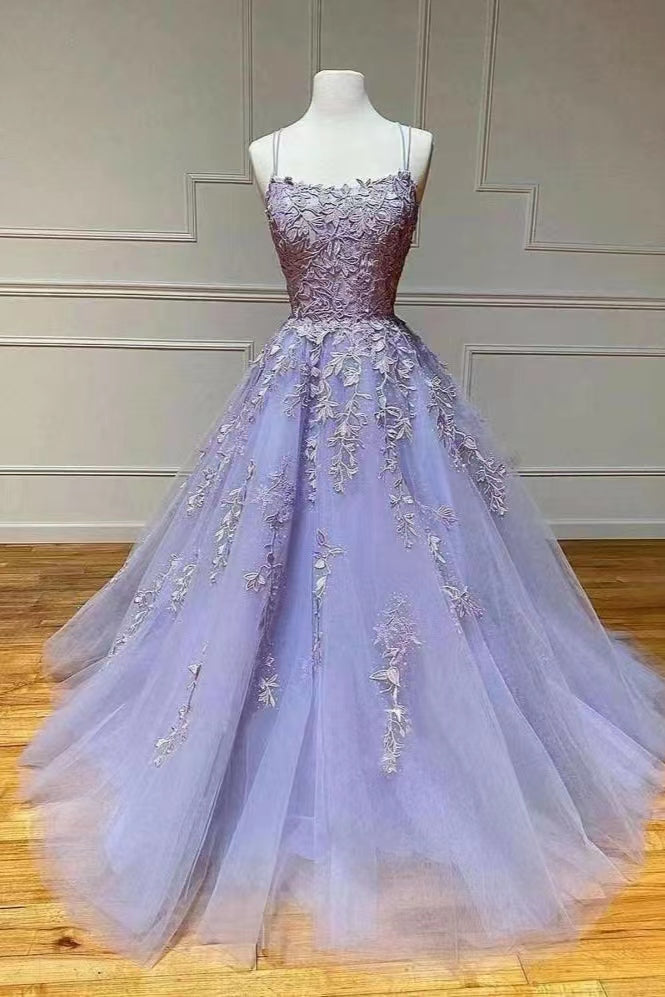 Lilac A-Line Evening Dress with Tulle and Spaghetti-Straps Appliques-BallBride