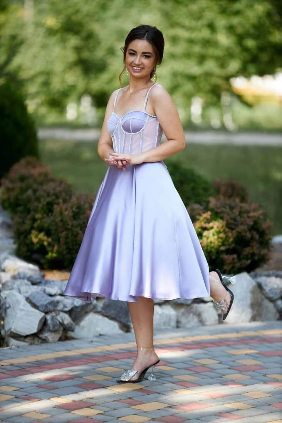Lilac Evening Dress with Sleeveless Spaghetti Straps & Beads-BallBride