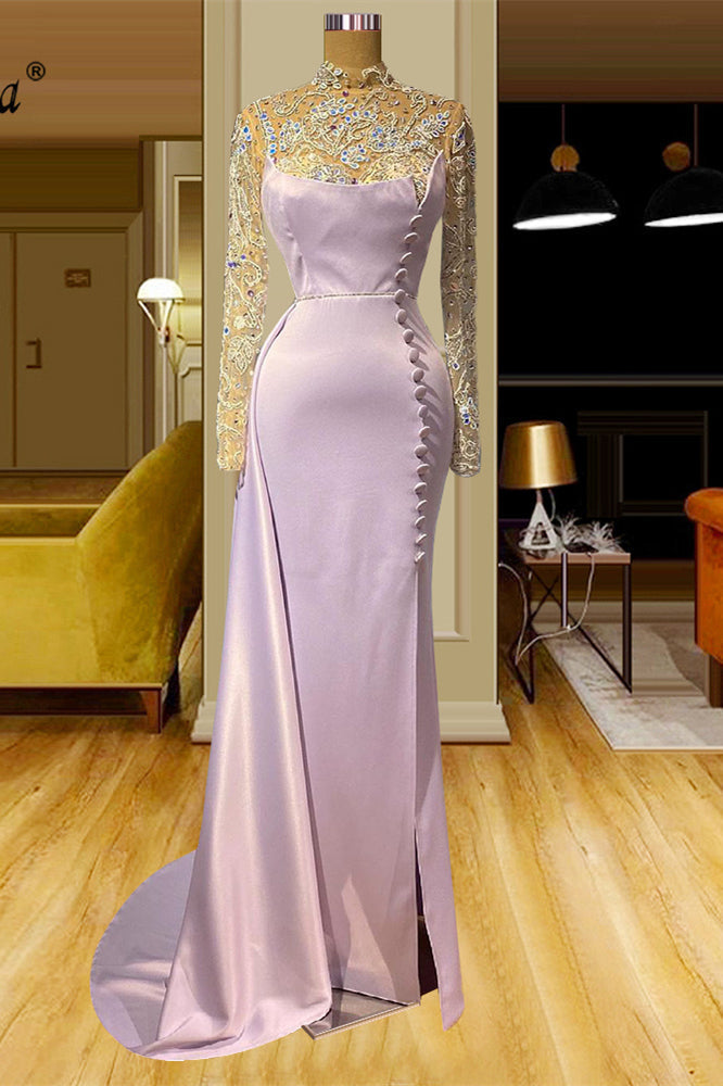 Lilac Long Sleeves High Neck Lace Side Slit Prom Dress with Button-BallBride