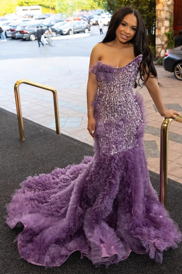 Lilac Modern One Shoulder Ruffles Front Slit Prom Dress-BallBride